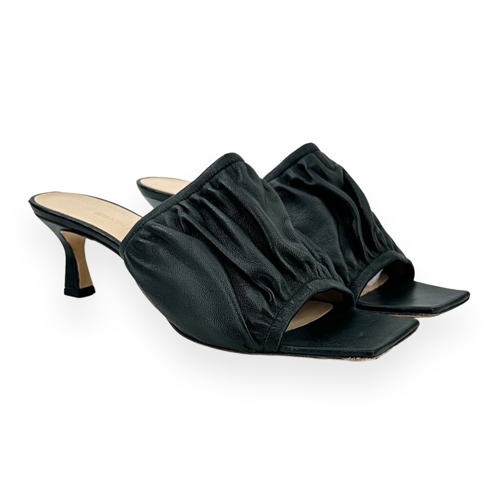 Wandler Ava Black Kitten Heel Ruched Leather Slide Heeled Mule Sandals sz 41